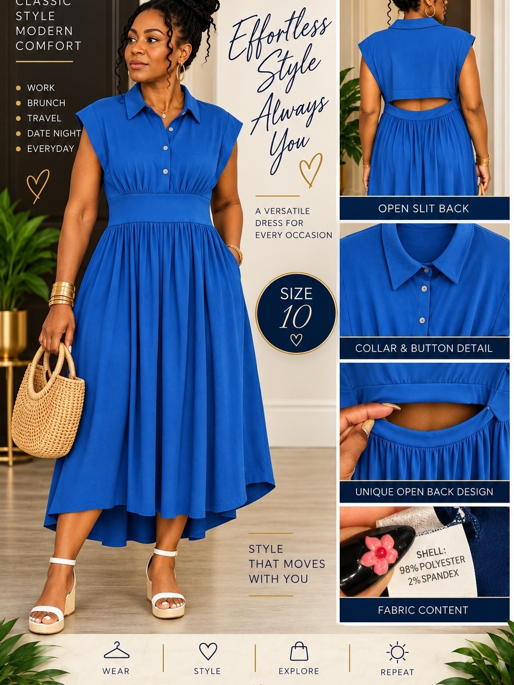 Sleeveless Collared Midi Dress in Royal Blue
